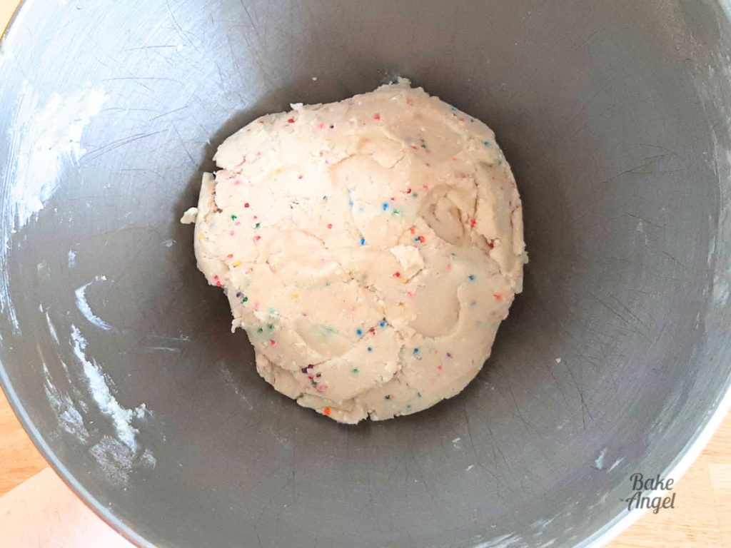 Funfetti Sugar Cookie dough in a mixing bowl.