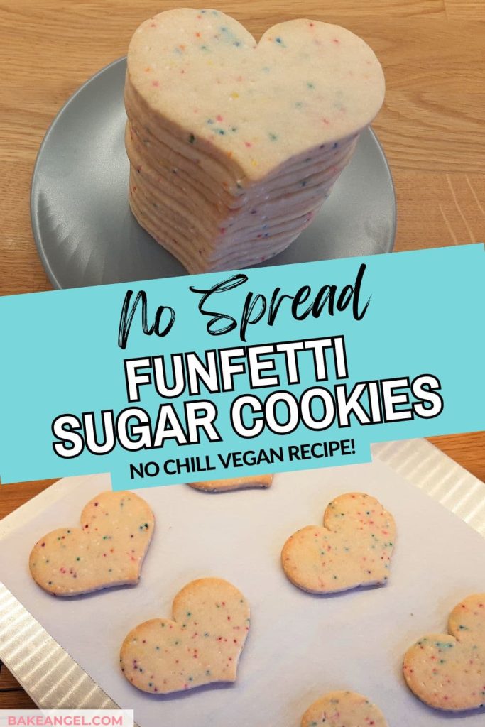 No spread vegan funfetti sugar cookies stacked on a plate and baked on parchment paper.