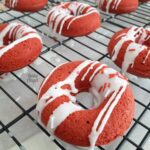Close up of vegan red velvet donuts with icing