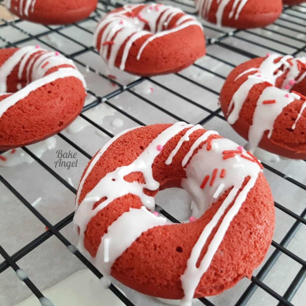 Close up of iced red velvet donuts