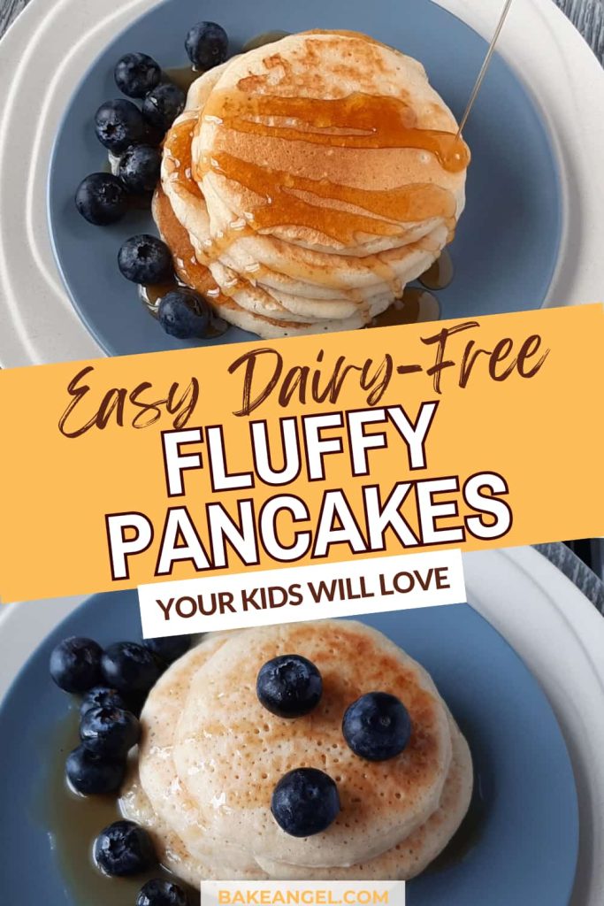 Two plates of stacked dairy-free pancakes topped with maple syrup and blueberries.