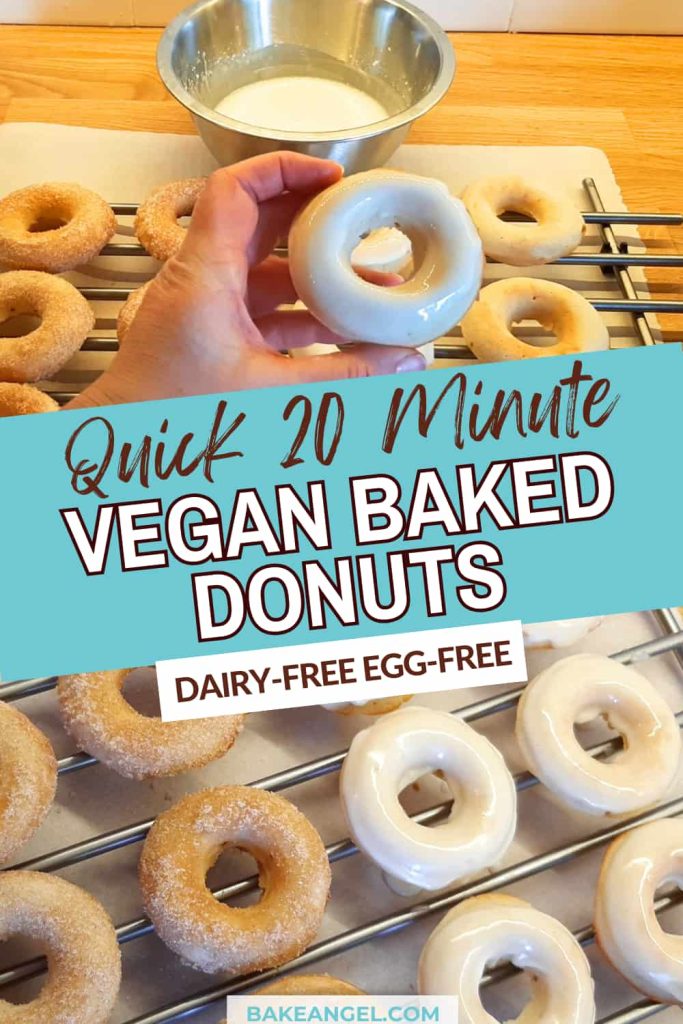 Quick and easy vegan baked donuts, dipped in vanilla glaze, and coated in cinnamon sugar on a cooling rack.