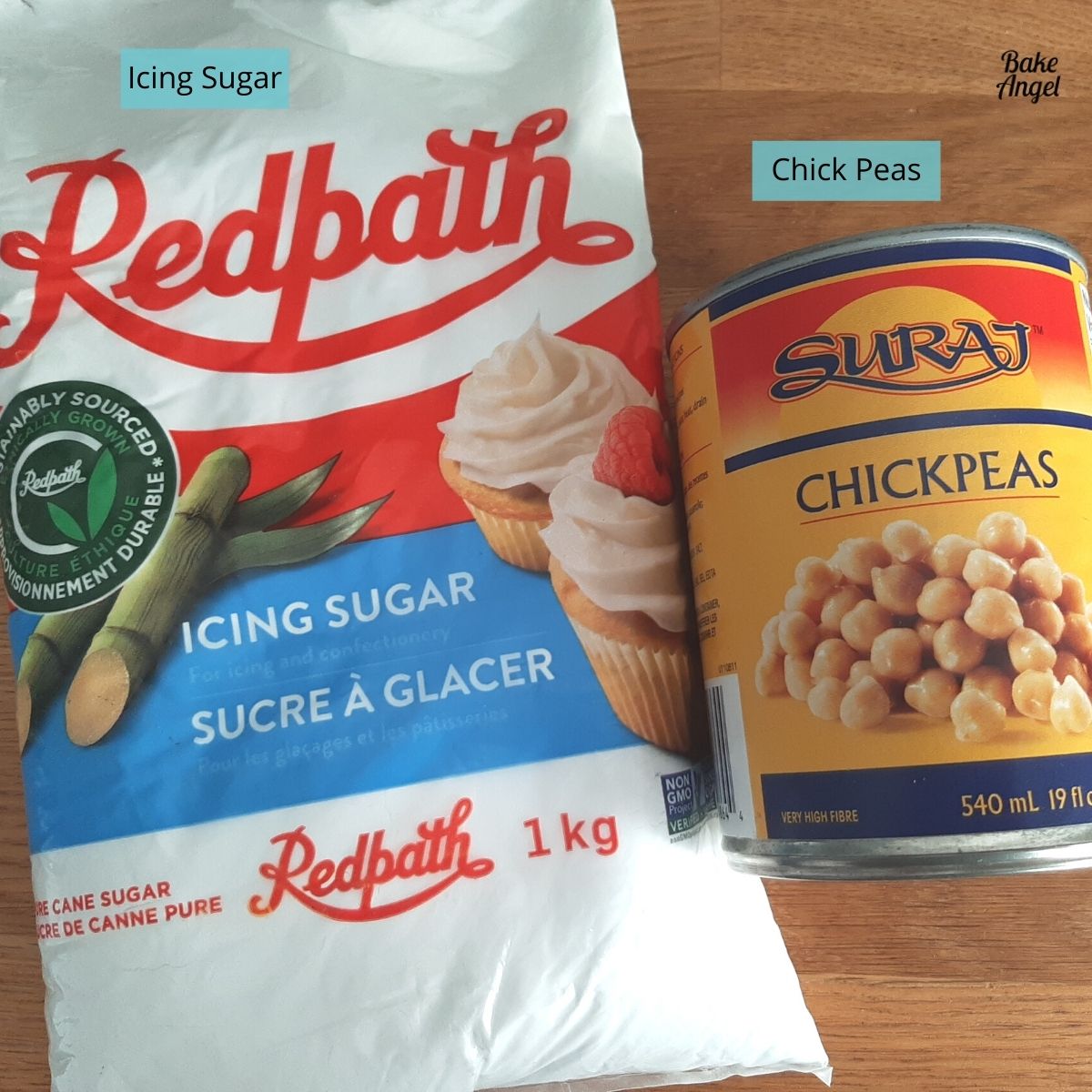 Showing Ingredients needed to make vegan royal icing. A can of chick peas and a bag of icing sugar.