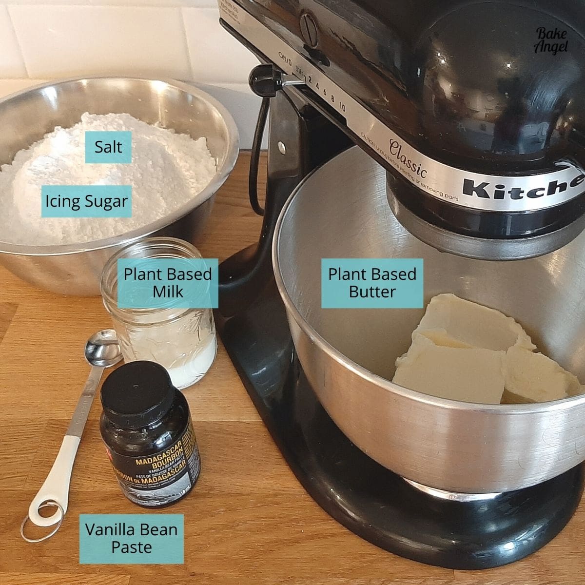 Showing the ingredients needed to make vegan vanilla buttercream. 