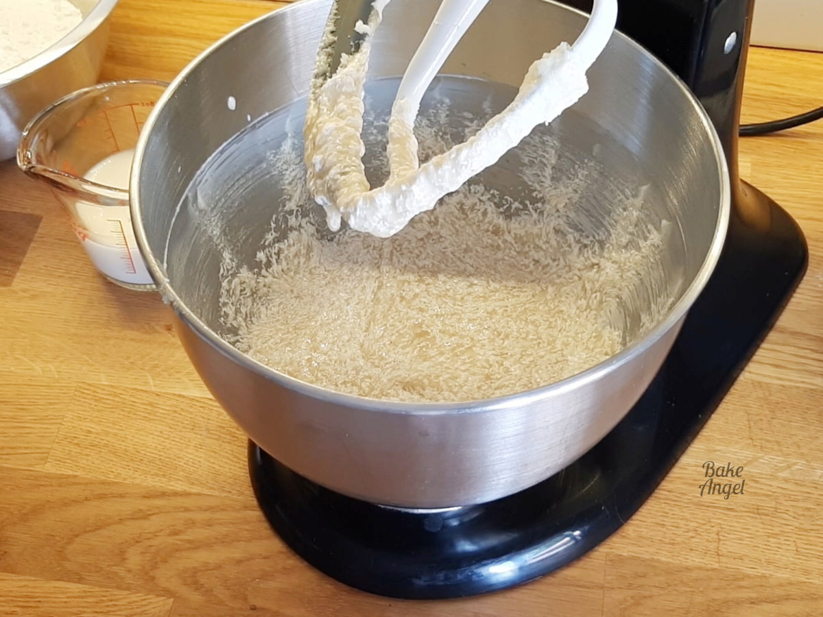 Showing the curdled cake batter for the vegan vanilla cake. 