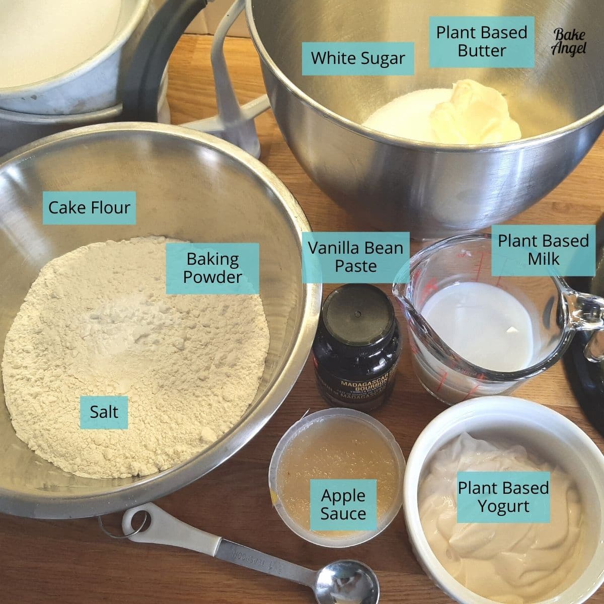 Showing the ingredients needed to make a vegan vanilla cake. 