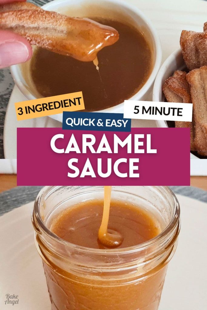 A split graphic with a churro dipped in to caramel sauce at the top and sauce being drizzled in to a mason jar at the bottom.