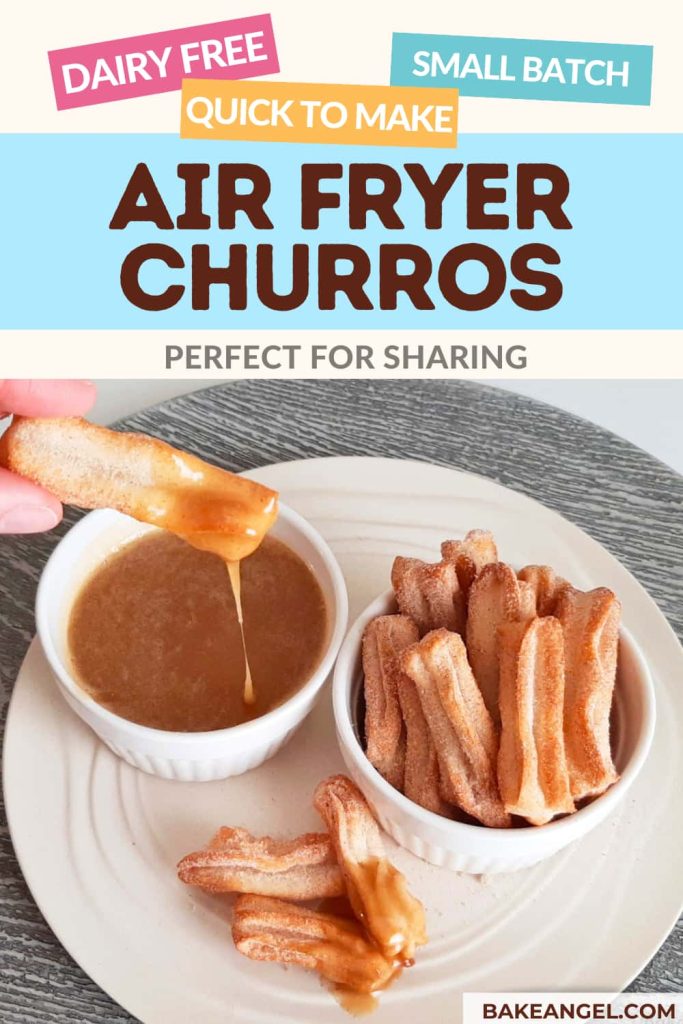 Dairy Free Air Fryer Churros in a bowl and being dipped in vegan caramel sauce.