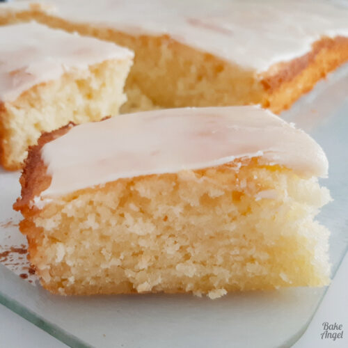 Close up of the soft crumb in a slice of coconut orange cake.