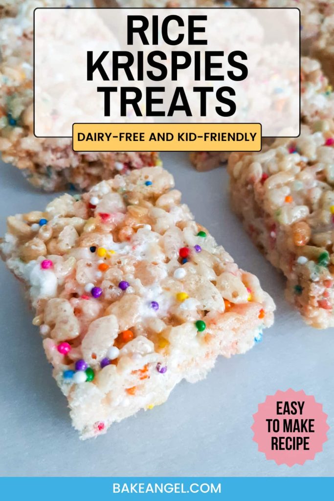 Close up of easy Dairy-Free Rice Krispies Treats Squares on parchment paper.