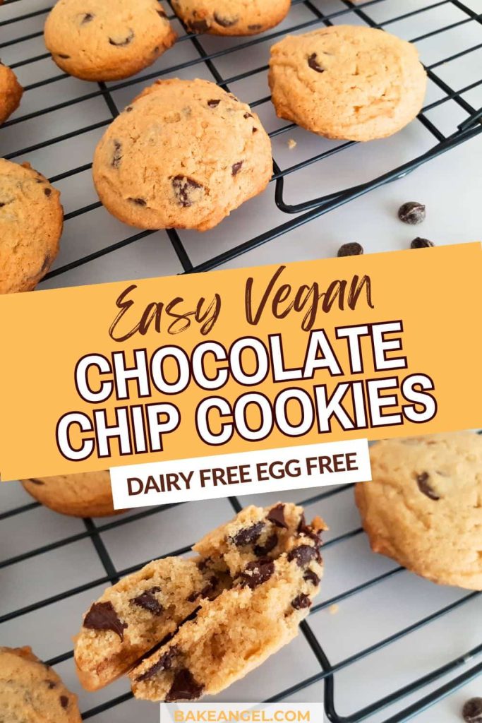 Close up of vegan chocolate chip cookies on cooling racks. the text overlay says Easy Vegan Chocolate Chip Cookies Dairy Free Egg Free.