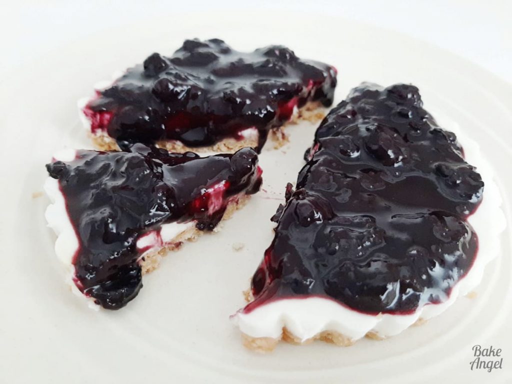 No bake mini blueberry cheesecakes with dairy free filling and blueberry topping, Mother’s Day dessert ideas.