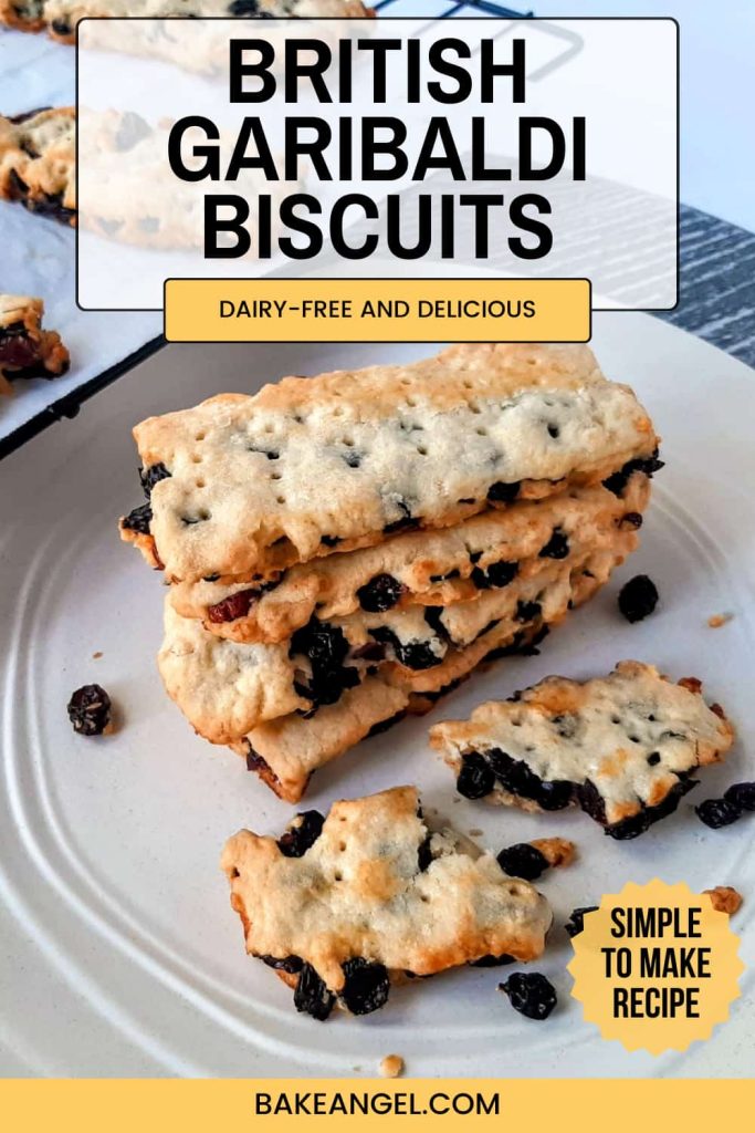 British Garibaldi Biscuits on a cream plate with currants on the side. Dairy-Free and delicious.