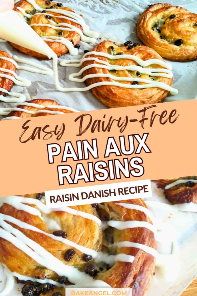 Close up of easy Dairy Free Pain Aux Raisins on parchment paper.