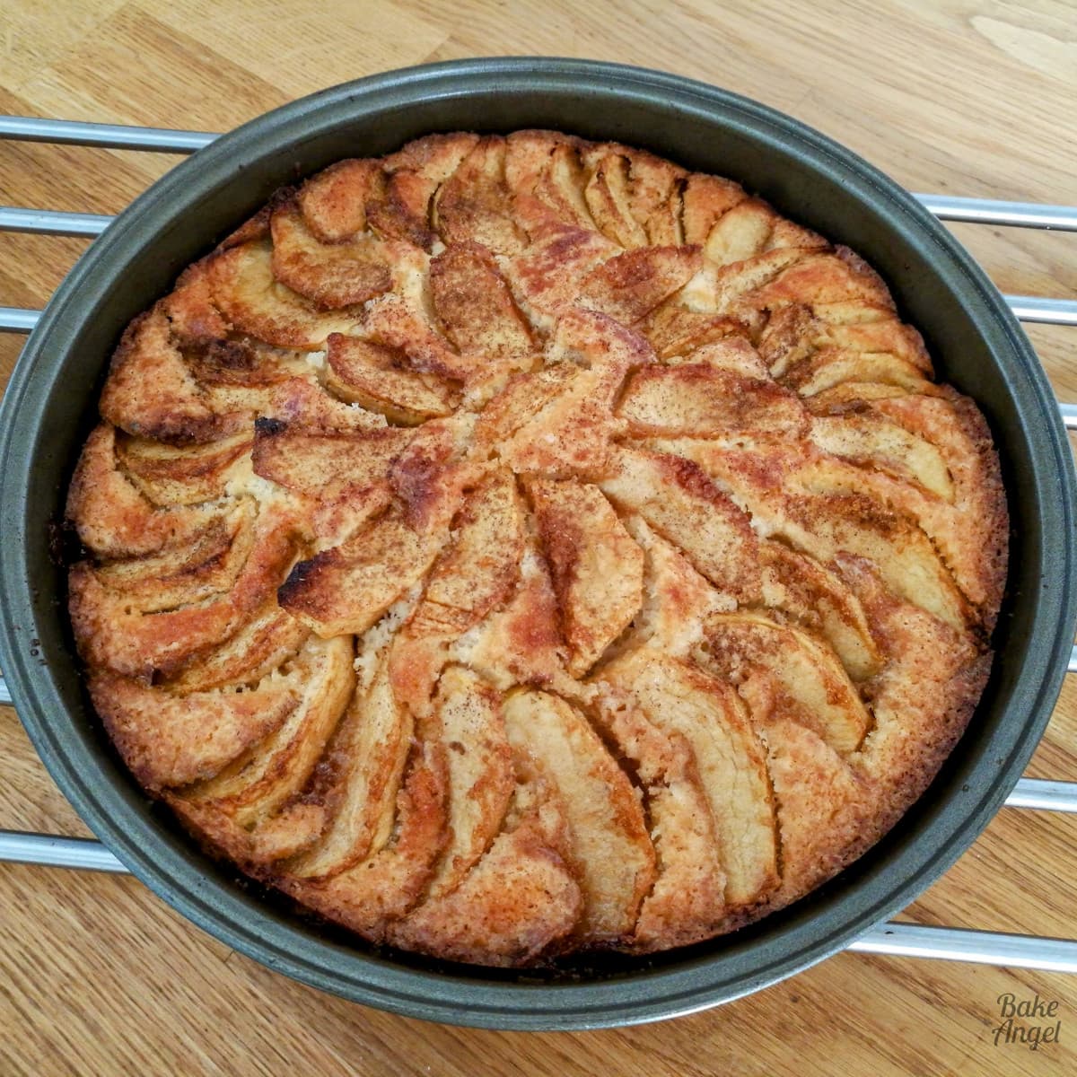 Apple Kuchen cake in a round baking pan.