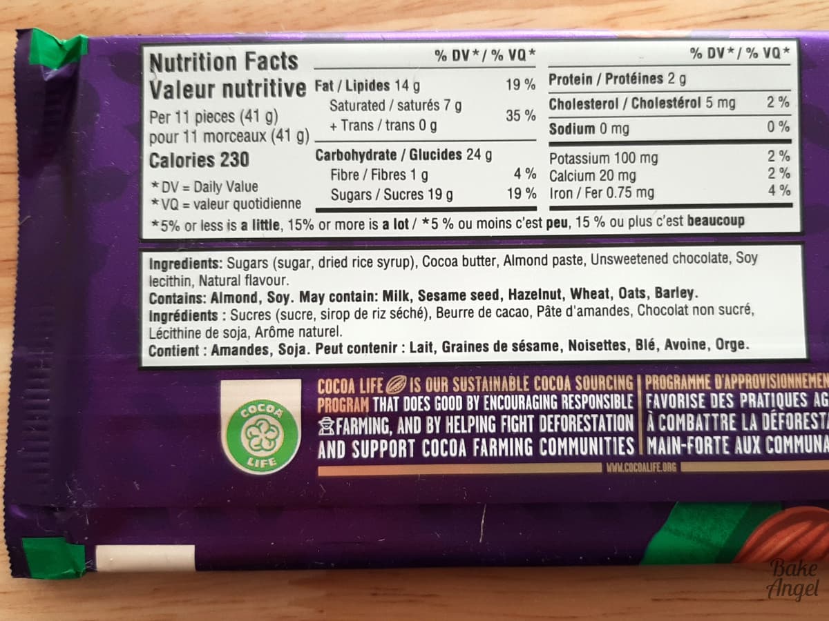 The back of the packaging for Chocolately Smooth Cadbury Plant Based Bar, showing the ingredients and nutrition facts. 