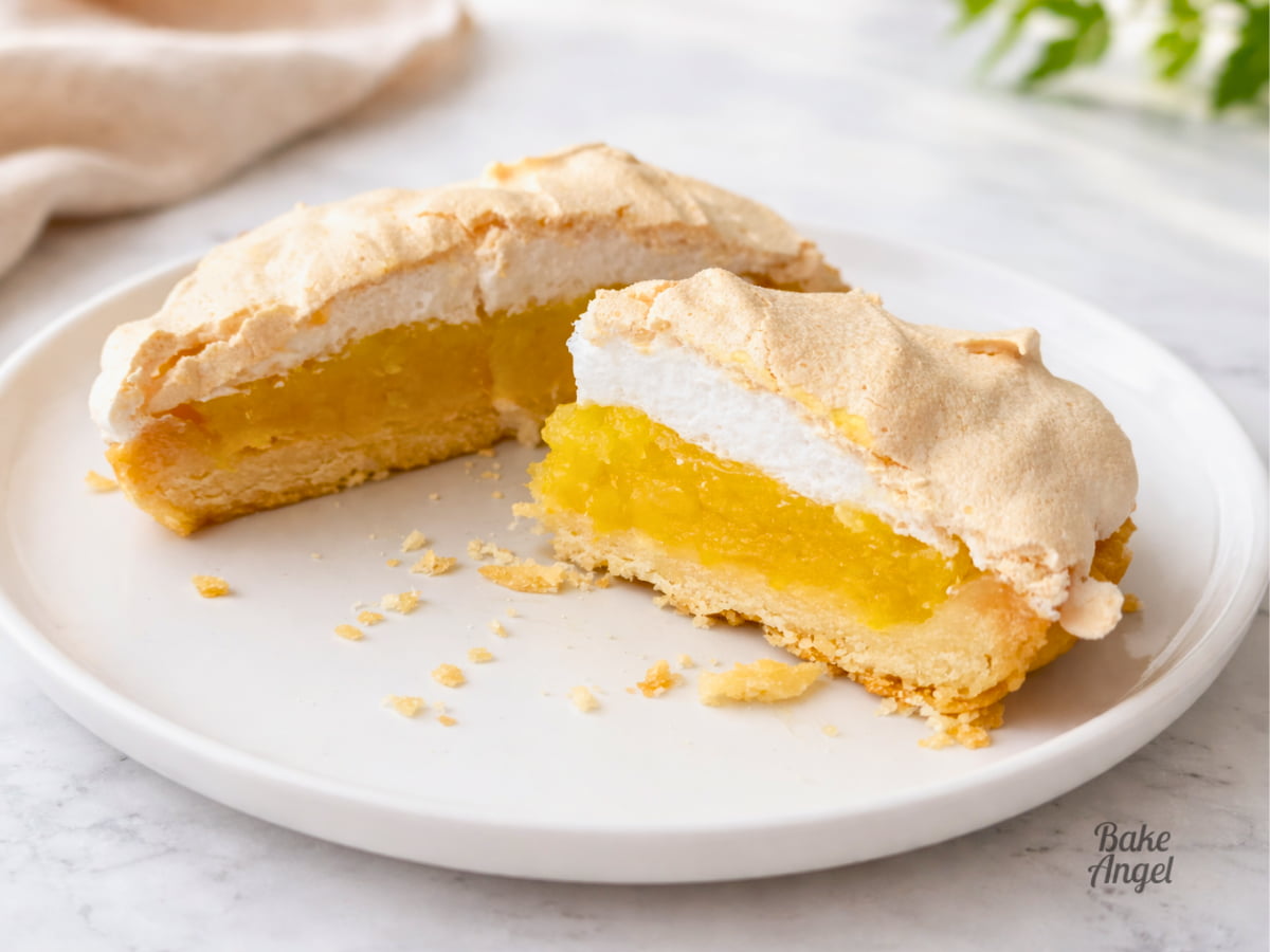 Dairy free mini lemon meringue pie slice with fluffy meringue topping on white plate, with crumbs nearby.