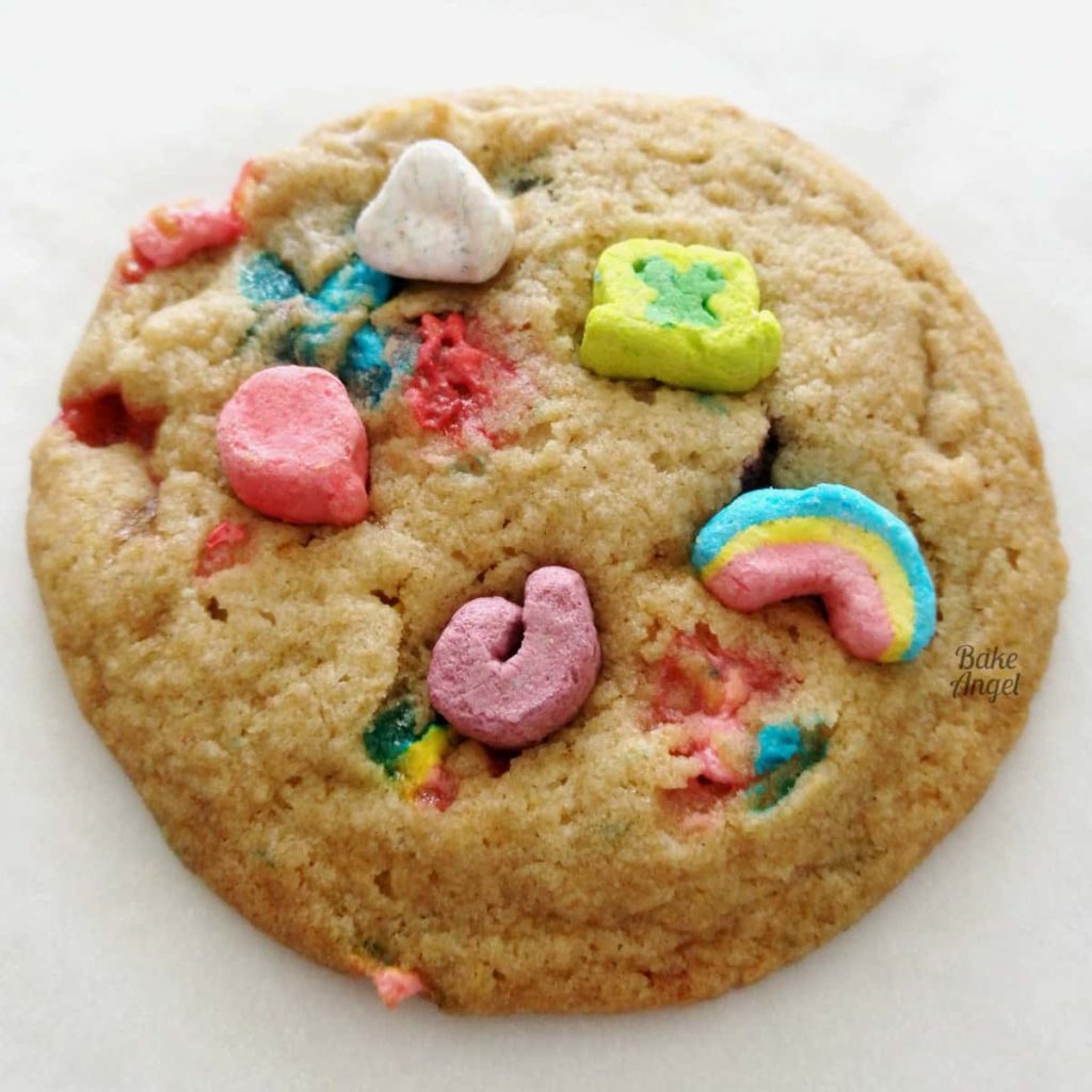 Close up of a dairy free lucky charms drop cookie