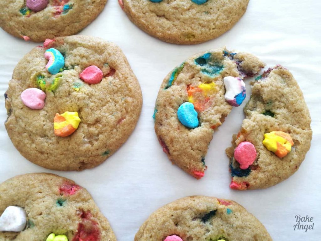 Lucky Charm Drop Cookies on parchment paper.