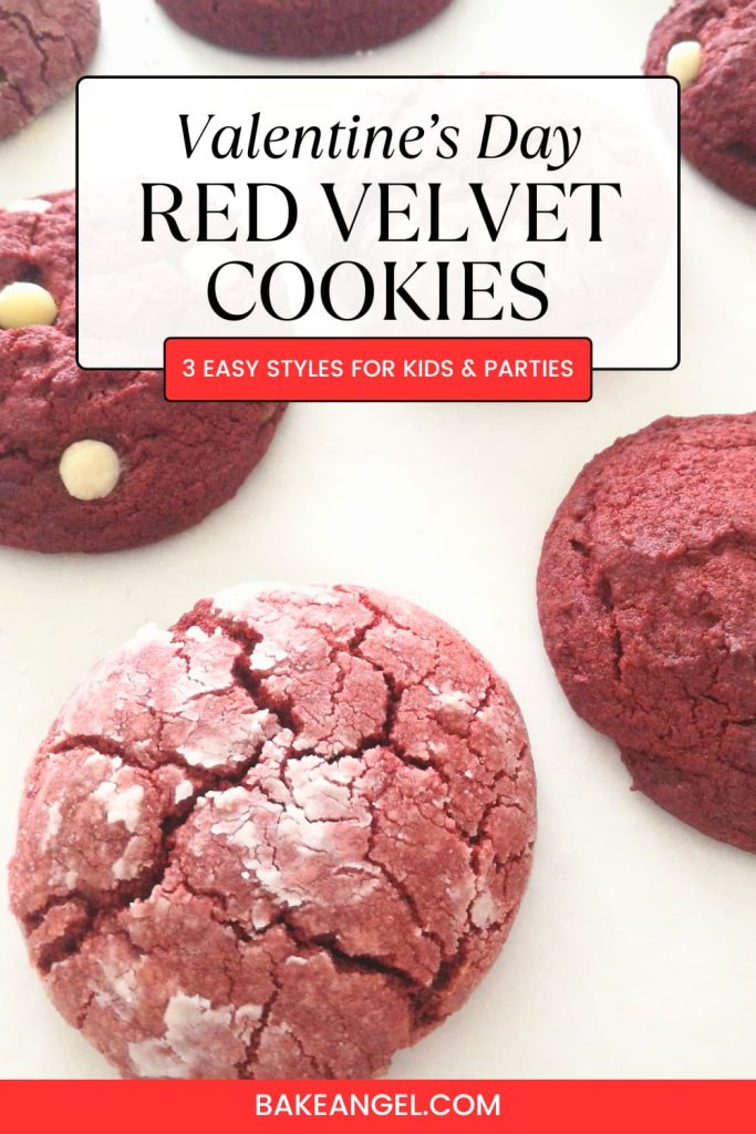 3 easy styles of vegan red velvet cookies for kids and parties, on parchment paper.