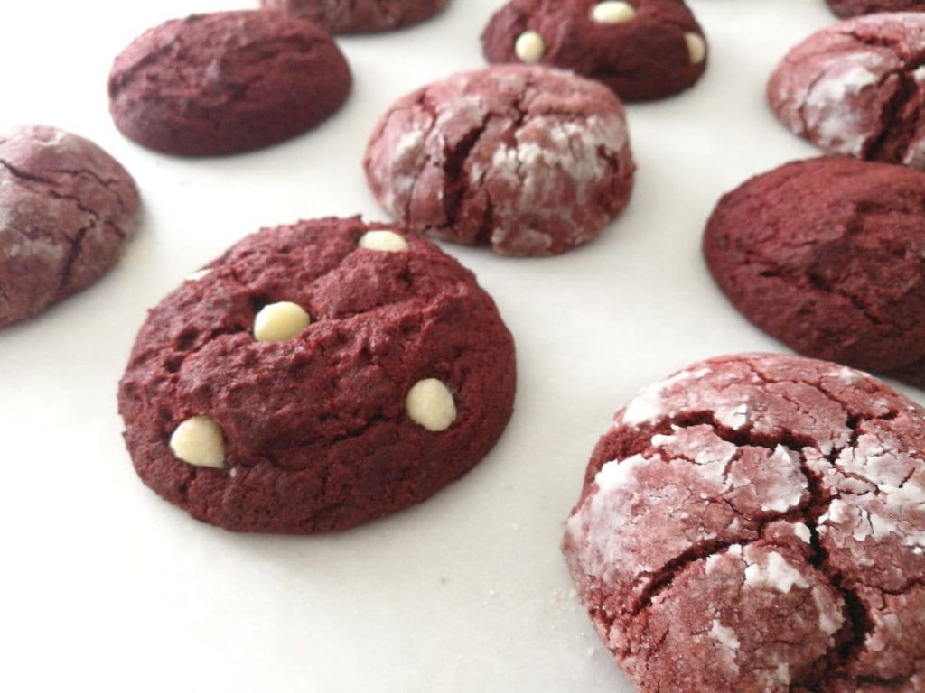 Close up of baked red velvet cookies.