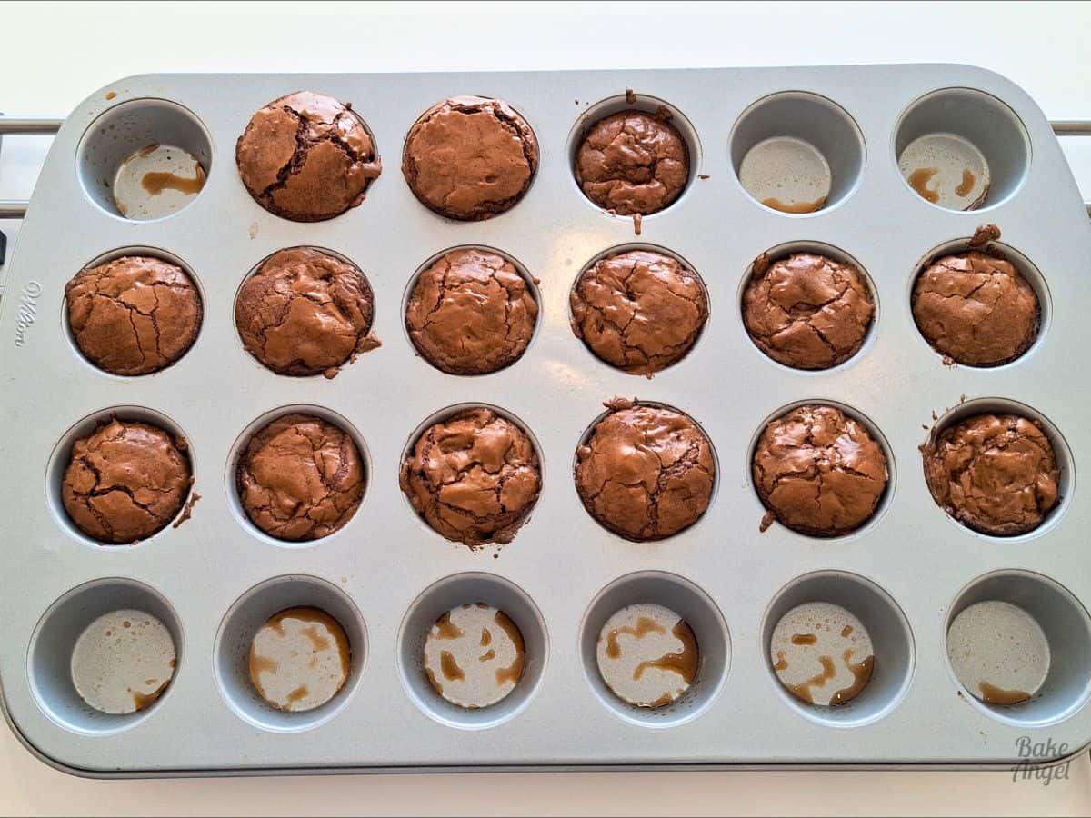 A tray of baked mini brownies.