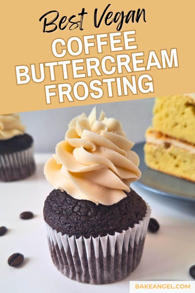 Image showing the best Vegan Coffee Buttercream Frosting swirled on top of a choclate cupcake.
