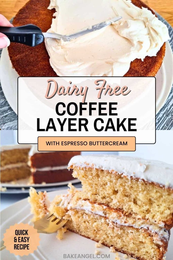 Photo showing coffee buttercream being spread on a cake layer, and also a slice of coffee layer cake on a plate.