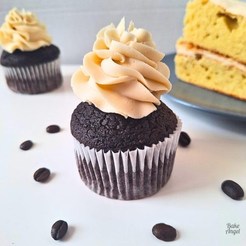Vegan Coffee Buttercream Frosting swirled on a chocolate cupcake.