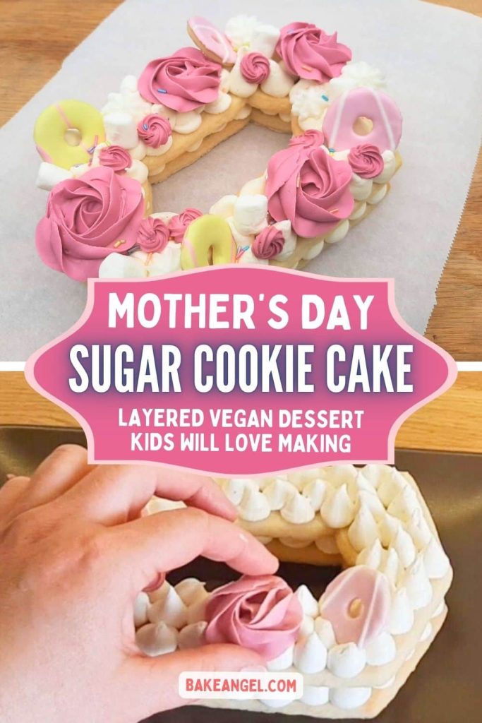 A piped royal icing rose being added to the top of a Mother's Day layered sugar cookie cake.