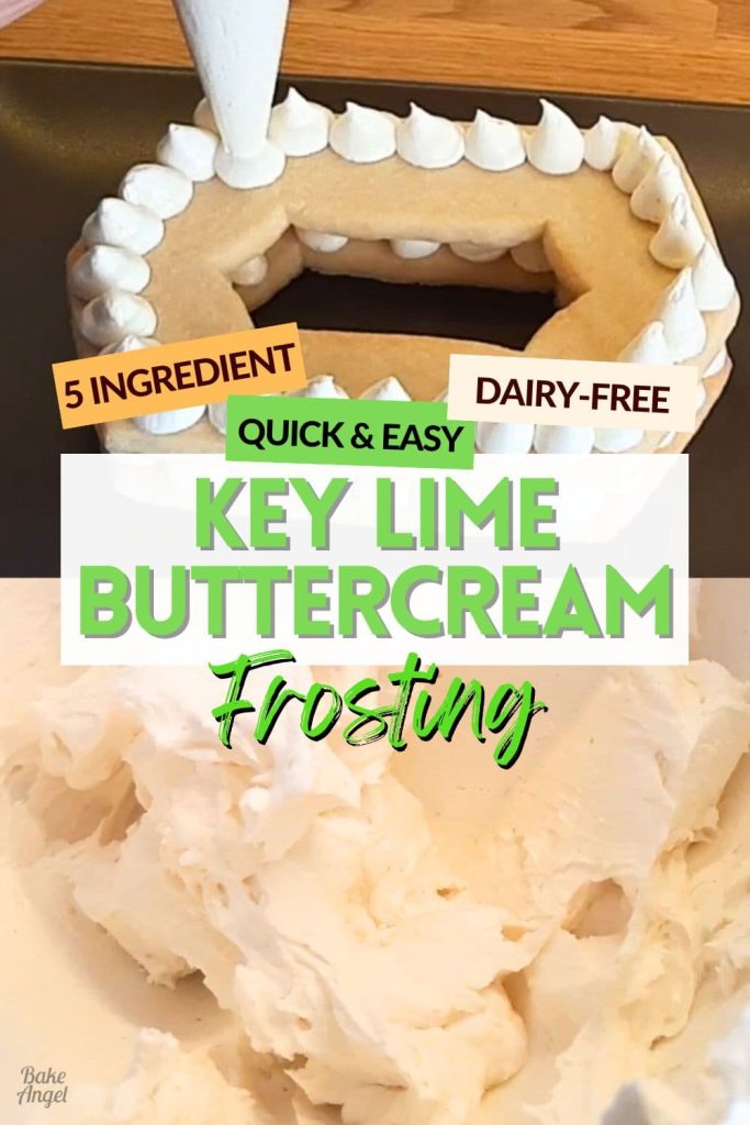 A split photo showing Key Lime Buttercream frosting being piped on to a large cookie and also the buttercream in a mixing bowl.