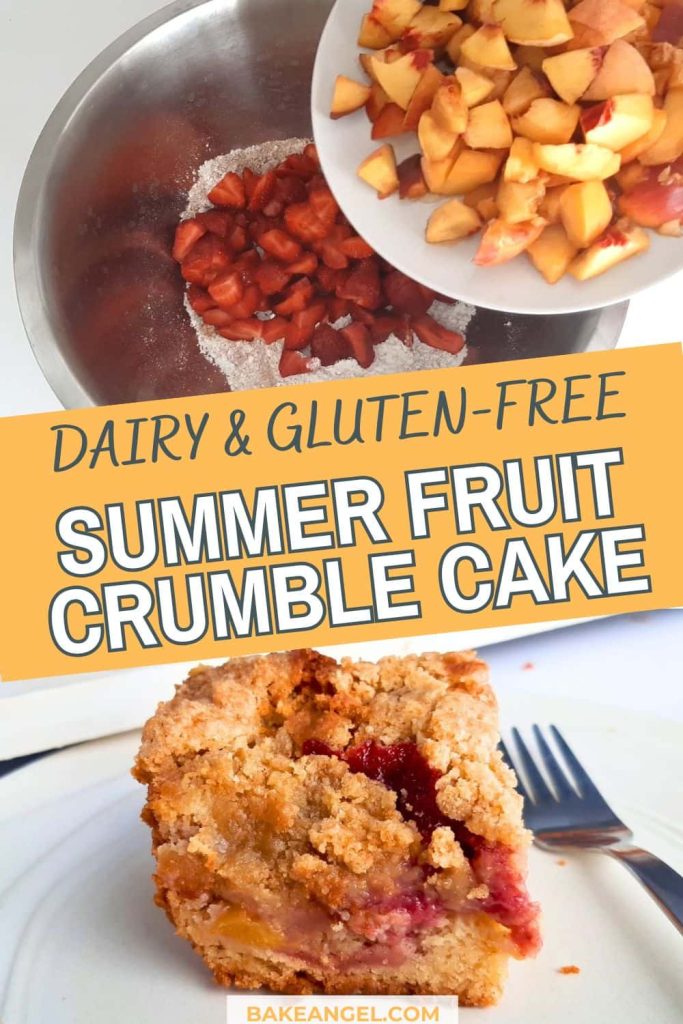 A split image showing peaches being added to a bowl of strawberries and also a slice of summer fruit crumble cake on a plate.