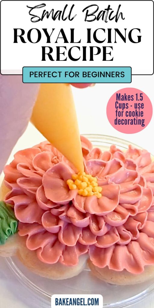 Graphic for Small Batch Royal Icing which shows a pink flower on a sugar cookie being decorated with yellow royal icing.