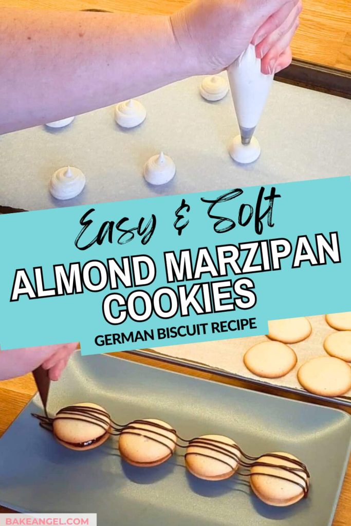 Easy and soft almond marzipan cookies being piped on parchment paper, and with a chocolate drizzle on top.