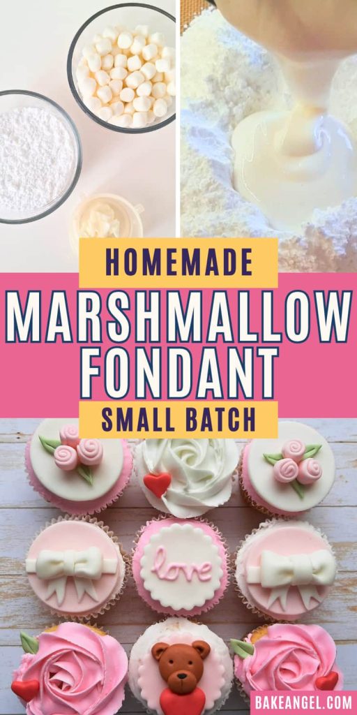 A graphic showing how to make marshmallow fondant, plus a set of cupcakes decorated with fondant and buttercream.