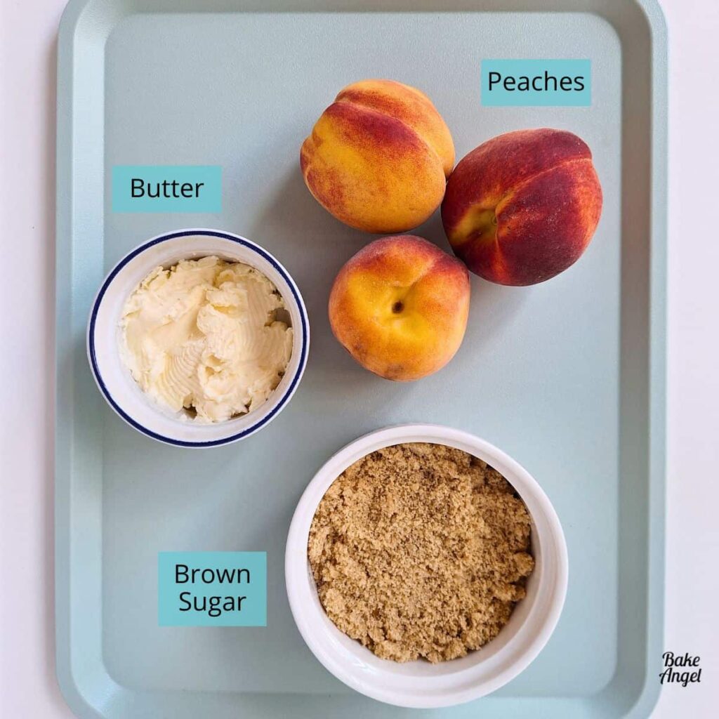 Fresh peaches, brown sugar, and dairy-free butter for peach upside down cake topping.