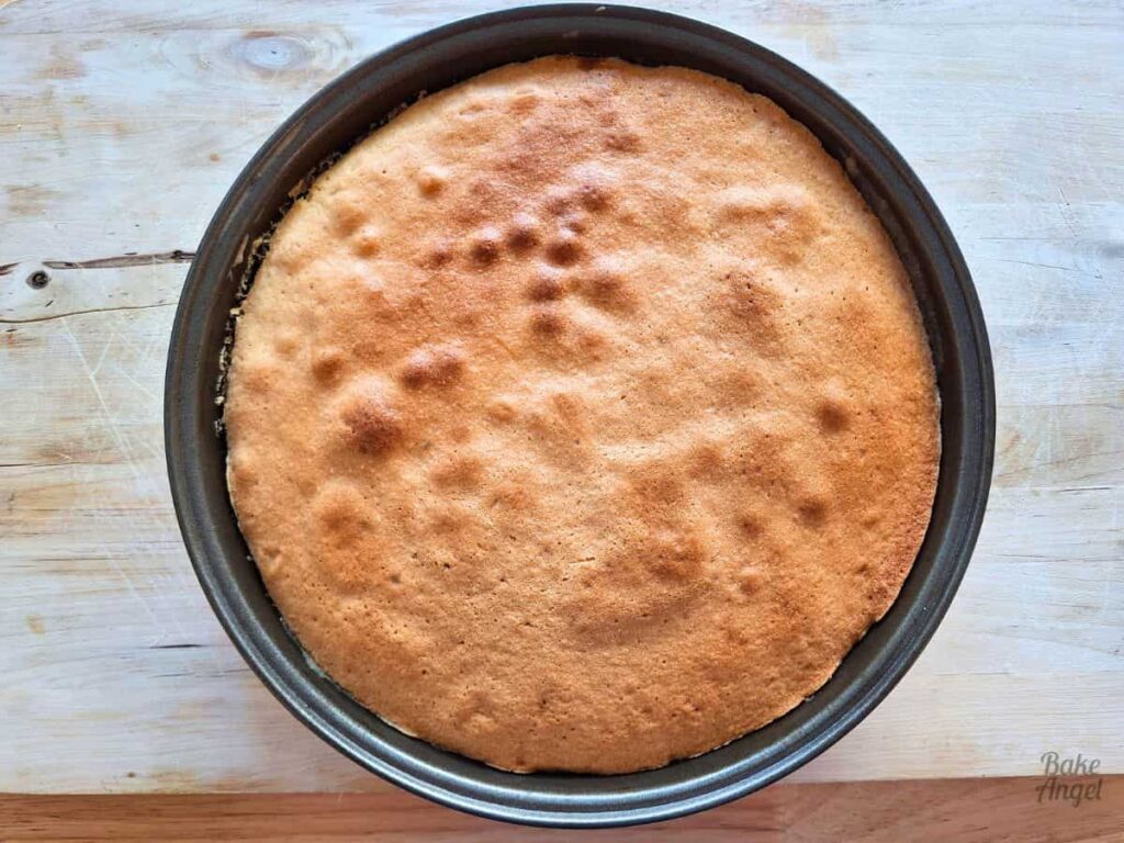 Freshly baked peach upside down cake before flipping.