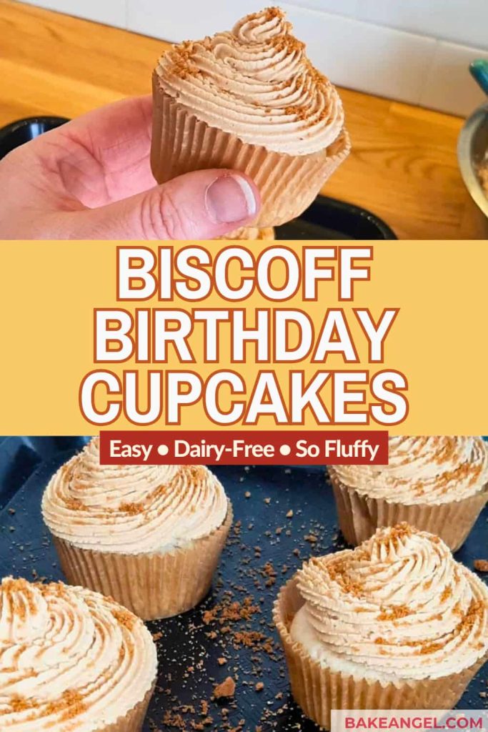 Dairy Free Egg Free Biscoff Birthday Cupcakes - vanilla cupcakes frosted with biscoff buttercream and biscoff cookie crumbs.