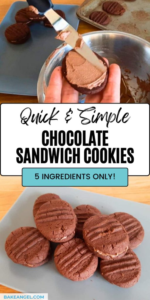 Spreading chocolate buttercream a cookie to make quick and simple chocolate sandwich cookies.