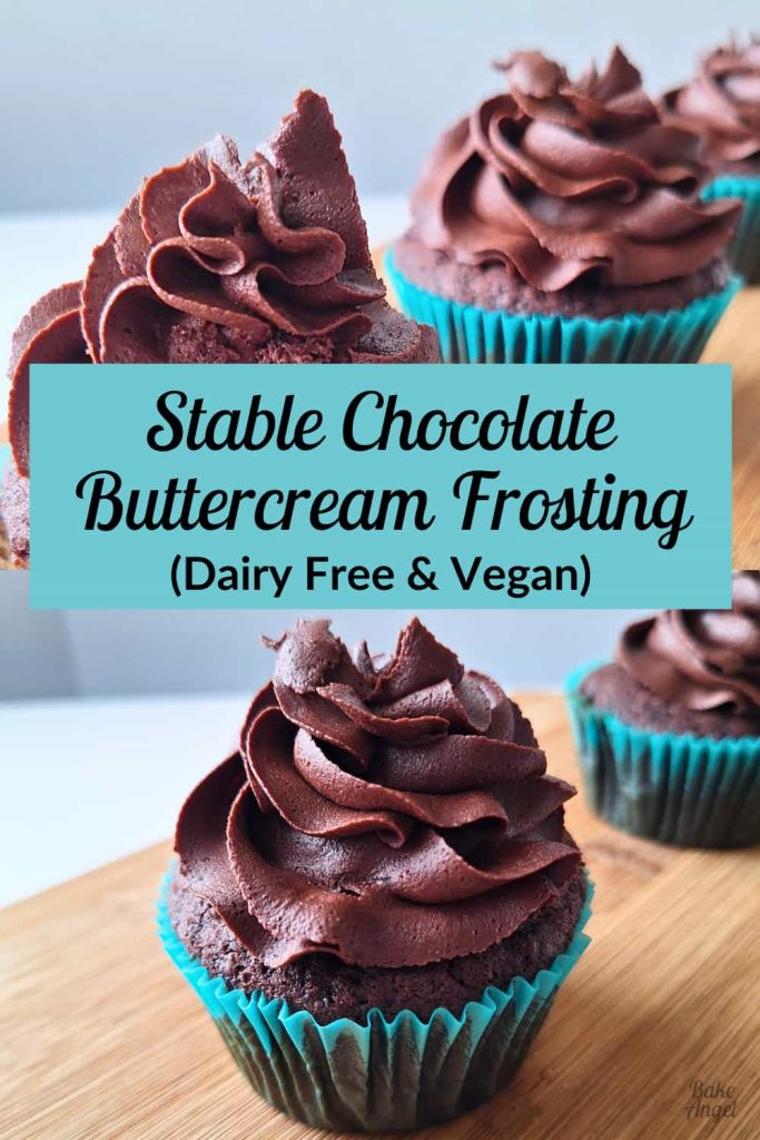 Close up of chocolate cupcakes decorated with swirls of Stable Chocolate Buttercream Frosting.