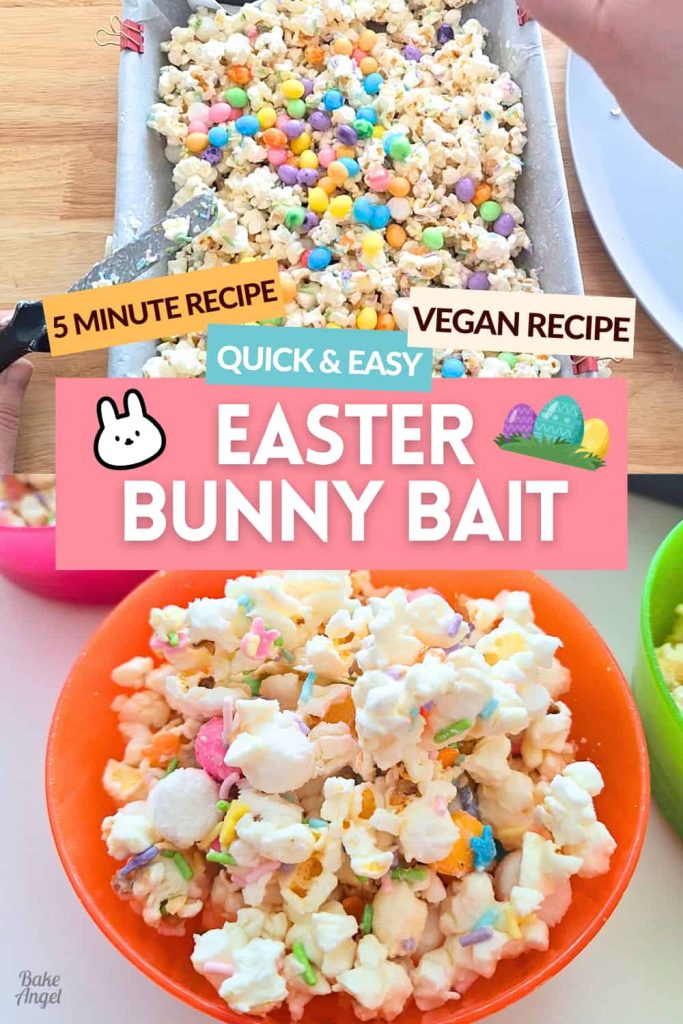 Image showing a pan full of Easter Bunny Bait Popcorn with easter egg candies and sprinkles. On the bottom half, there is a close up of a bowl of the bunny bait popcorn.