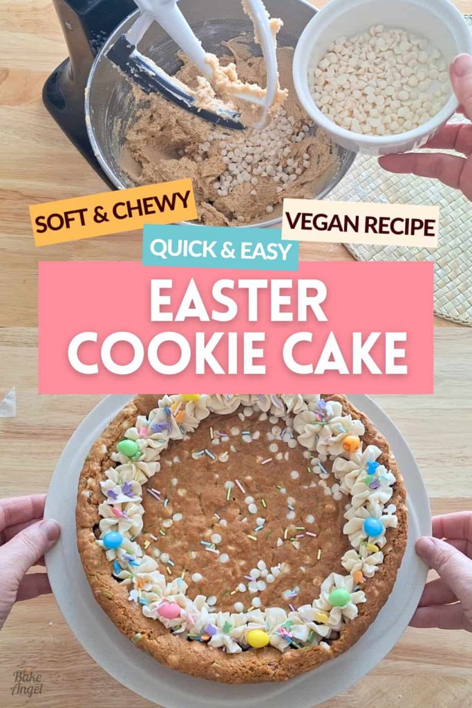 Image showing white chocolate chips being added to cookie dough at the top, plus a baked vegan easter cookie cake at the bottom.