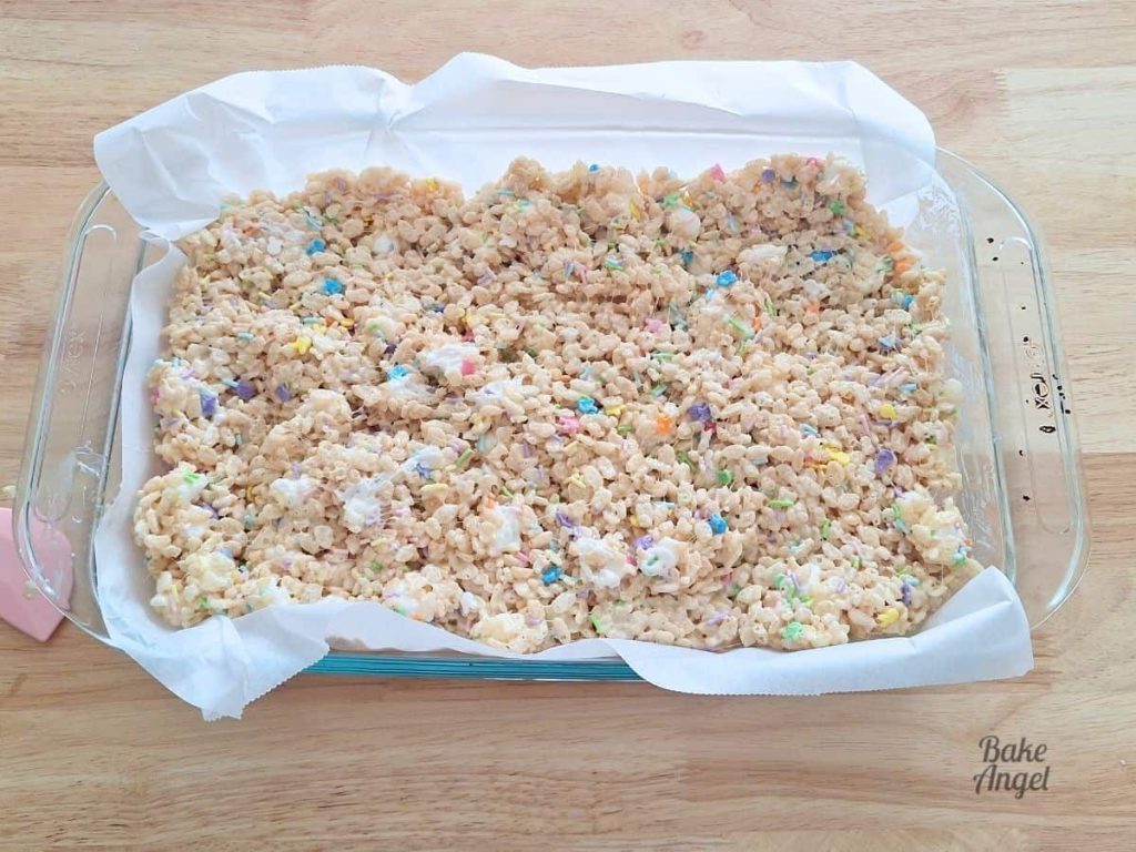 A batch of Easter Rice Krispie Treats in a baking pan.