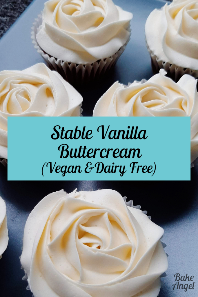 Stable vegan dairy free Vanilla Buttercream piped into a rosette on cupcakes.