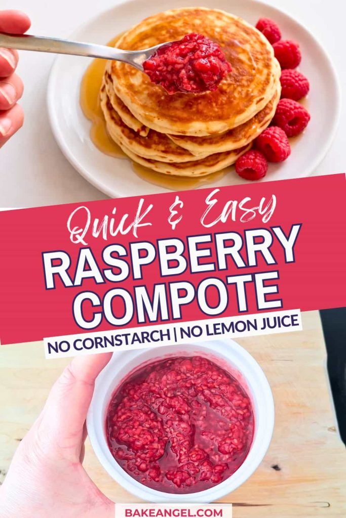 A split graphic showing raspberry compote on a spoon over pancakes, plus a small batch of compote in a white ramekin.