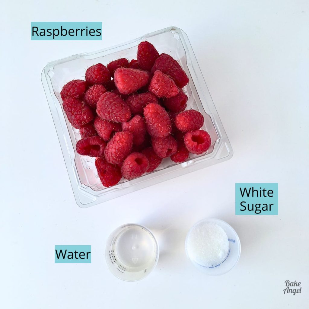 Ingredients for raspberry compote: white sugar, water, a small container of fresh raspberries.