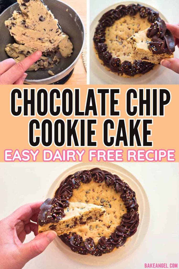 A soft and chewy dairy free chocolate chip cookie cake decorated with chocolate buttercream, served as a summer dessert for sharing at parties and BBQs.