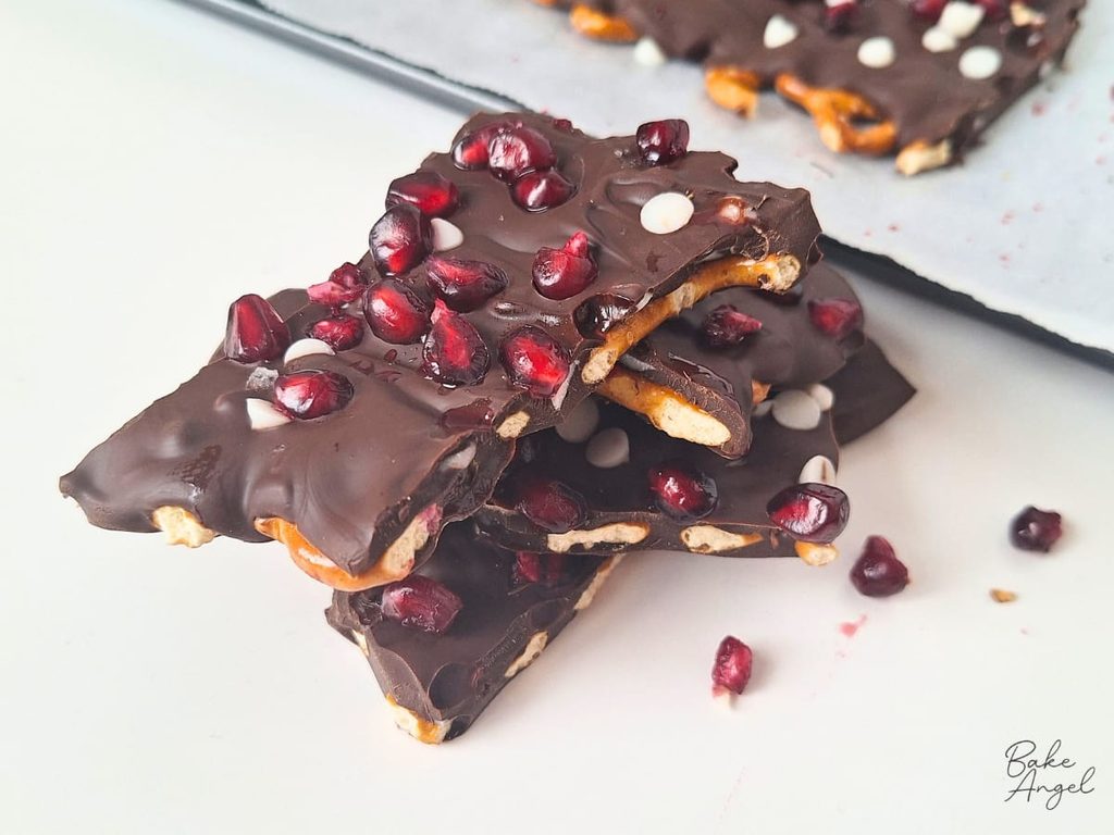A small stack of pieces of pretzel bark.