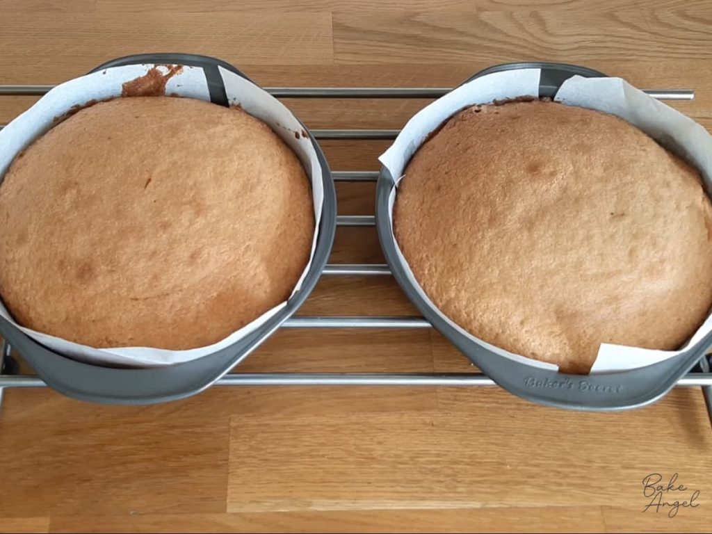 Baked Victoria sponge cake layers on a cooling rack.