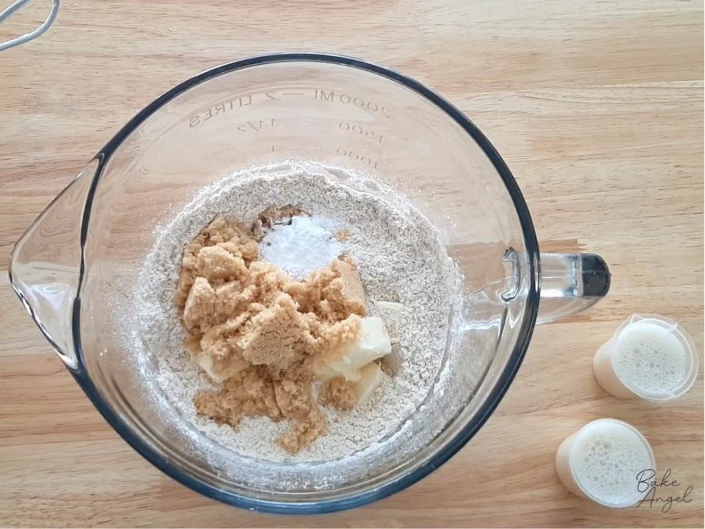 Ingredients for Vegan Digestive Biscuits in a mixing bowl